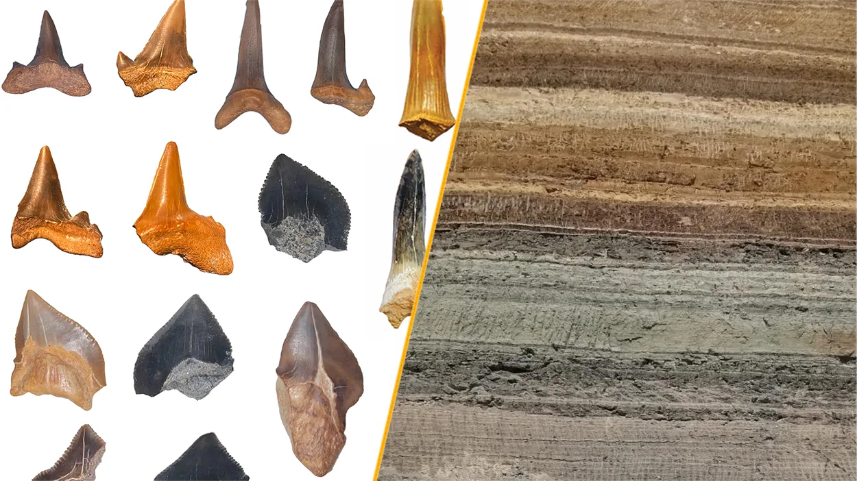 A split image showing a selection of the shark tooth fossils and the location in the Egyptian desert where they were found