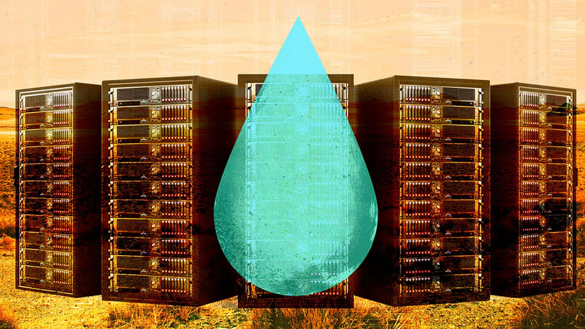 An illustration of a blue water drop in front of a series of horizontal drawers