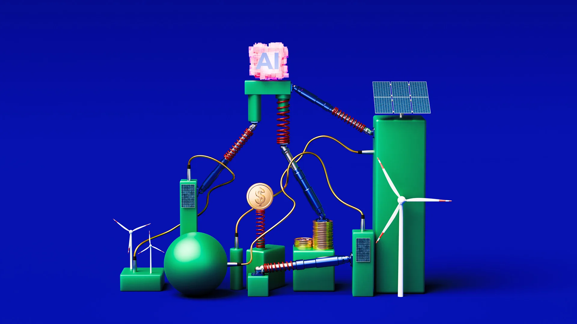 An illustration of a pyramid with AI at the top and various energy sources like turbines and solar panels below.
