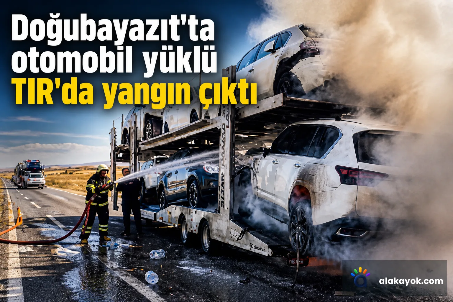 Doğubayazıt'ta otomobil yüklü TIR'da yangın çıktı