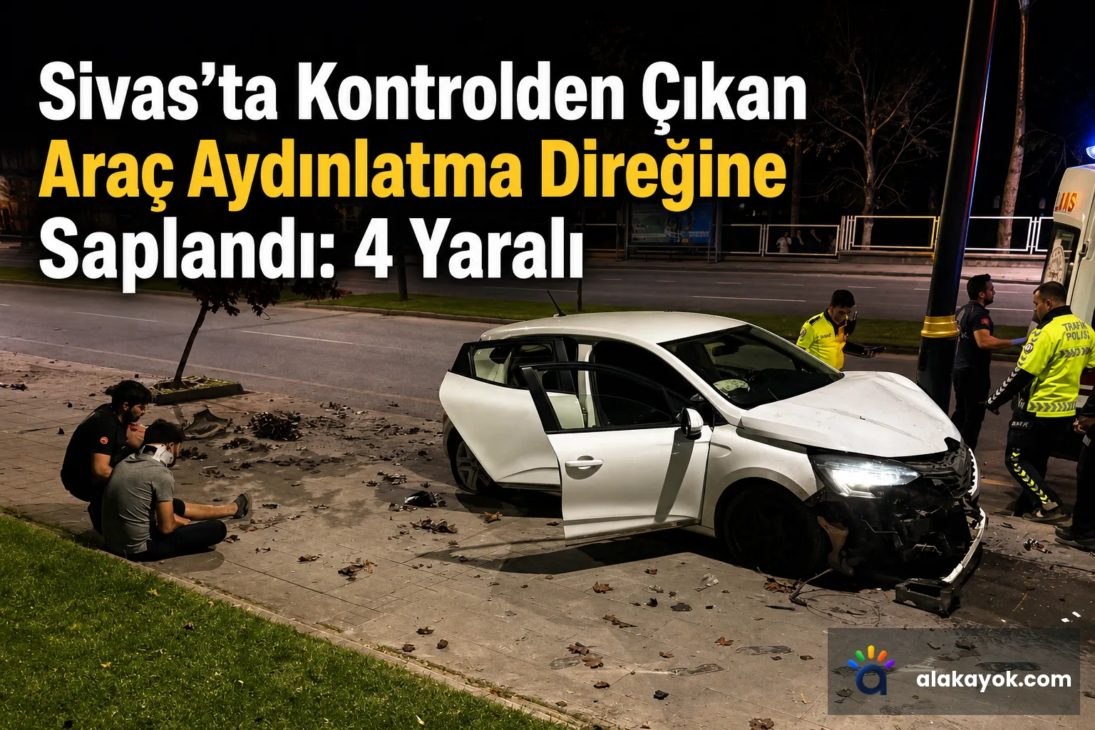 Sivas'ta Kontrolden Çıkan Araç Aydınlatma Direğine Saplandı: 4 Yaralı