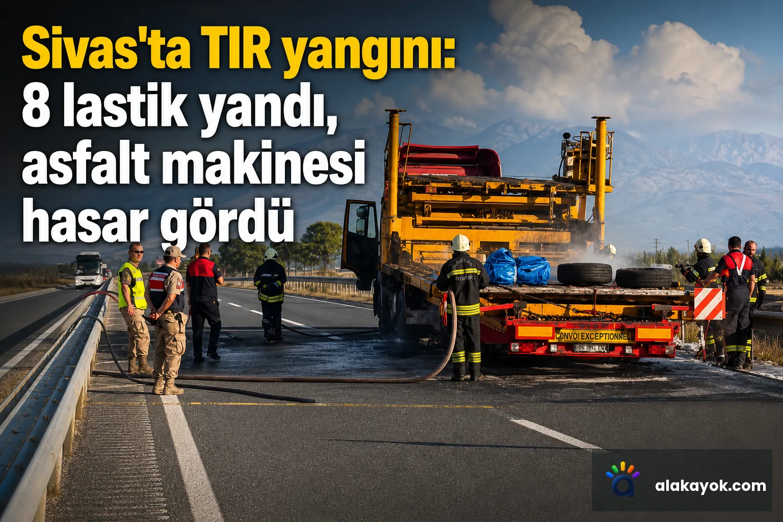 Sivas'ta TIR yangını: 8 lastik yandı, asfalt makinesi hasar gördü